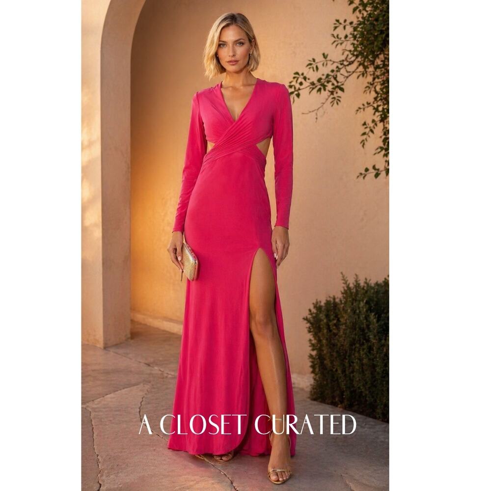 Mac Duggal Cutout Long Sleeve Maxi Gown 2 Pink NWT Style 43074